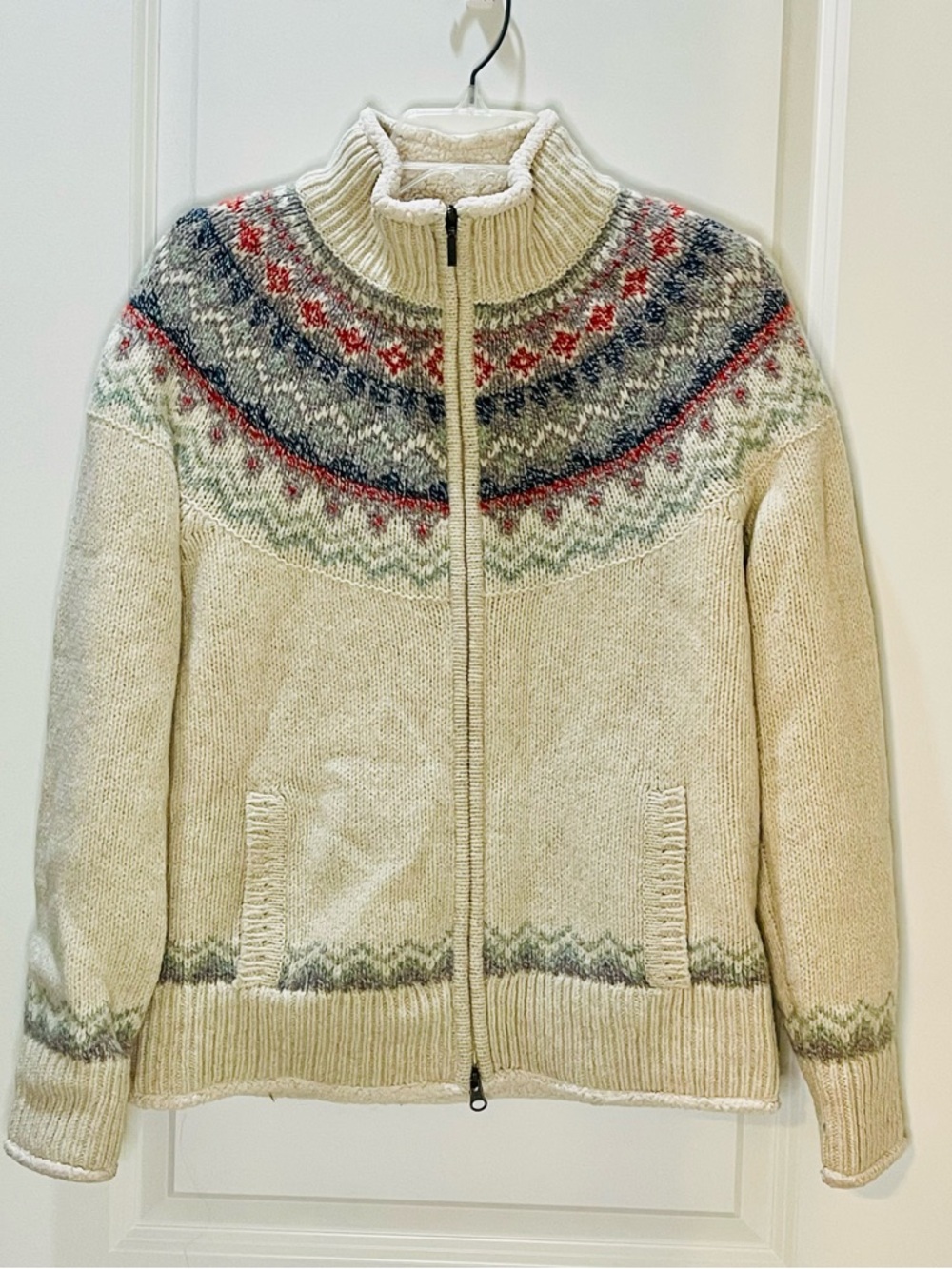 L.L. Bean Cream Fair Isle Zip Cardigan with Red, Green, and Blue Accents